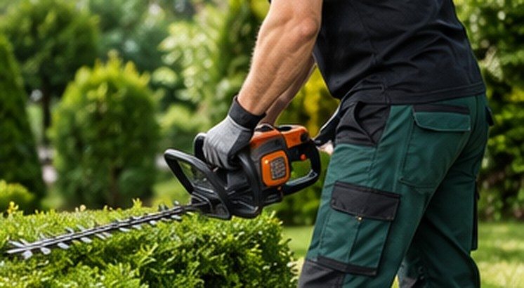 Mitarbeiter schneidet mit einer Heckenschere eine Hecke