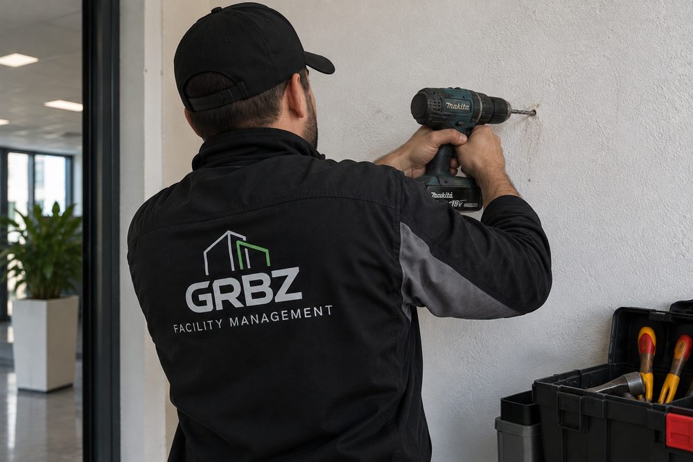 Hausmeister in schwarzer Arbeitsjacke bohrt mit einem Akkuschrauber in eine Wand