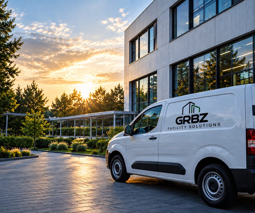 Weißer Servicetransporter von GRBZ Facility Solutions vor einem modernen Bürogebäude im Abendlicht